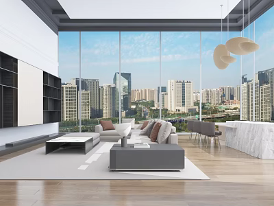 Modern Living Room Interior With Large Windows City View Sofa Coffee Table And Pendant Lights 3d model