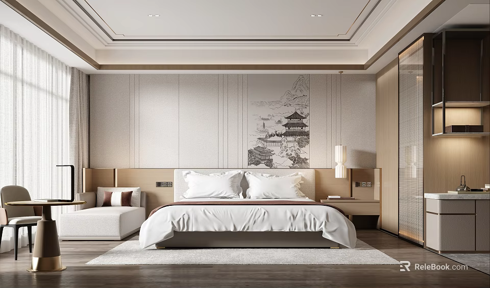 Modern Hotel Guest Room Interior With Comfortable Bed Decorative Painting Area Rug And Window Curtains 3d model 