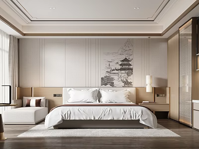 Modern Hotel Guest Room Interior With Comfortable Bed Decorative Painting Area Rug And Window Curtains 3d model