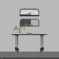 Minimalist Interior Featuring Black Console Table With Wall Mounted Shelves And White Flowers 3d model
