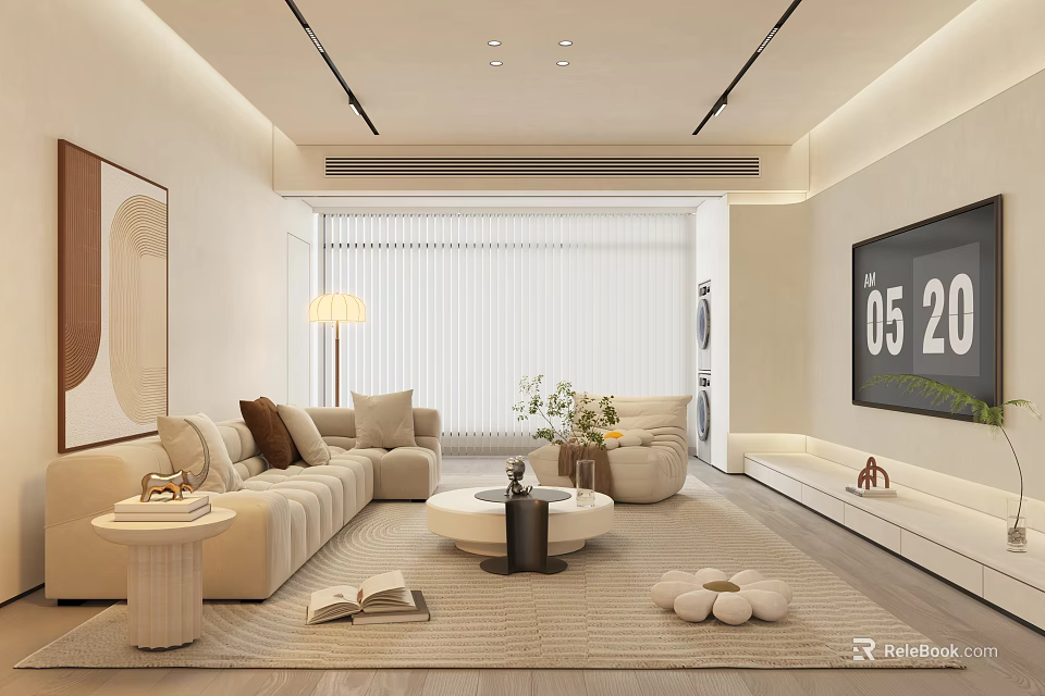 Modern Living Room Interior Design With Beige Sofa Coffee Table Floor Lamp And Decorative Artwork 3d model 