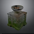 Ancient Stone Pedestal With Bowl Covered In Green Moss Decorative Element