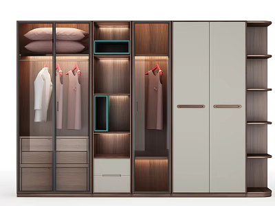 Modern Wardrobe Interior With Wooden Frame Hanging Area Drawers Open Shelves And White Panels 3d model