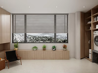 Home Balcony Interior With Window Blinds Mountain View Potted Plants And Cabinets 3d model