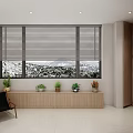 Home Balcony Interior With Window Blinds Mountain View Potted Plants And Cabinets