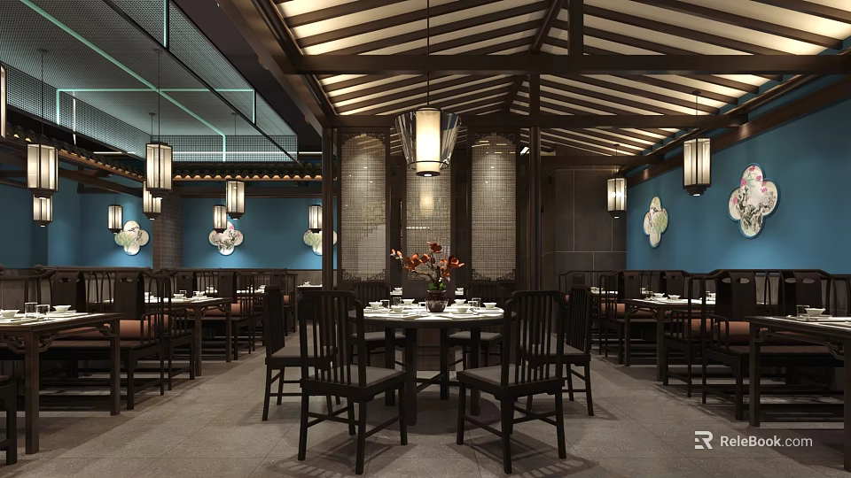 Traditional Chinese Restaurant Interior With Wooden Tables And Hanging Lantern Decorations 3d model 