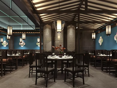 Traditional Chinese Restaurant Interior With Wooden Tables And Hanging Lantern Decorations 3d model