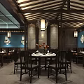 Traditional Chinese Restaurant Interior With Wooden Tables And Hanging Lantern Decorations