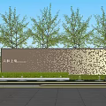 Modern Landscape Feature Wall Design With Perforated Dot Pattern Water Pool Reflection And Trees 3d model