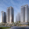 Modern High Rise Residential Buildings With Greenery Pedestrian Area And Road Surroundings