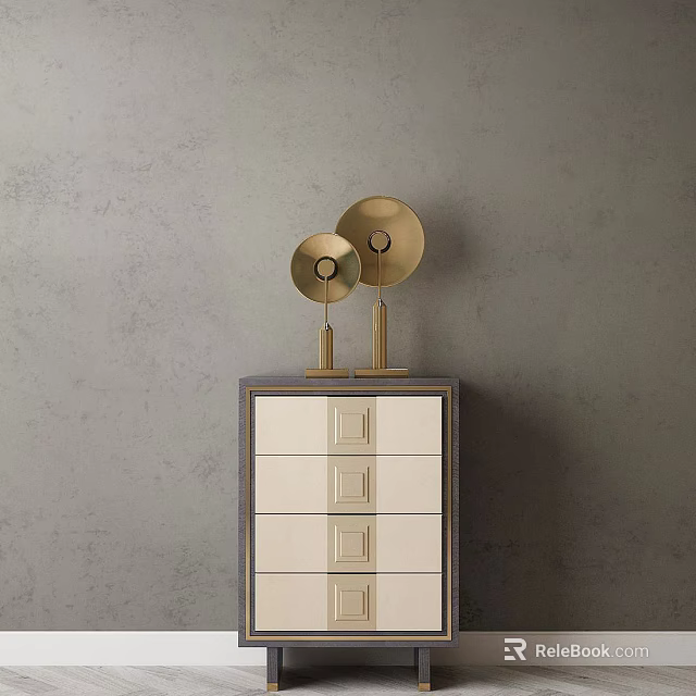 Modern Cabinet With Multiple Drawers And Golden Table Lamps Against Gray Wall 3d model 