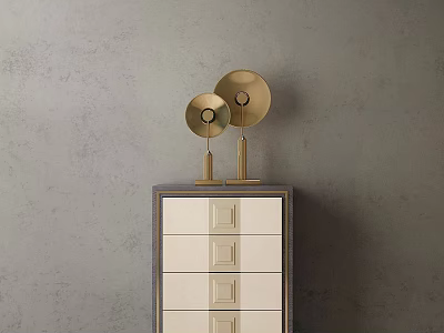 Modern Cabinet With Multiple Drawers And Golden Table Lamps Against Gray Wall 3d model