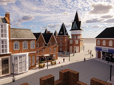 Historic Commercial Street with Red Brick Buildings Spire Towers Pedestrians Shops and Outdoor Seating 3d model