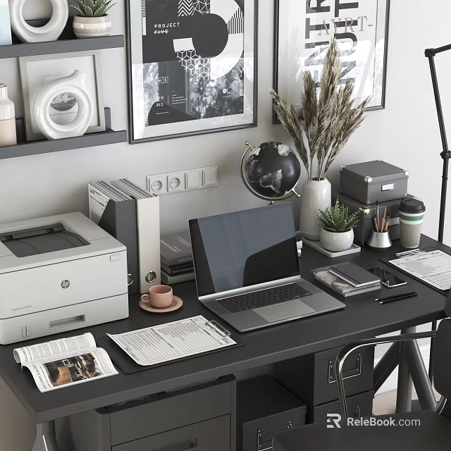 Modern Office Desk Setup With Laptop Printer Globe Potted Plant Coffee Cup And Newspaper 3d model 
