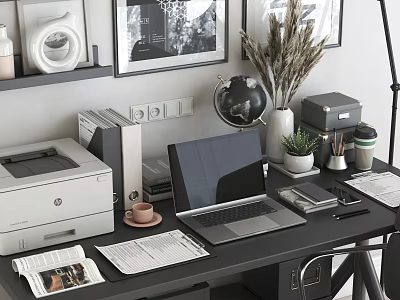 Modern Office Desk Setup With Laptop Printer Globe Potted Plant Coffee Cup And Newspaper 3d model