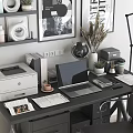 Modern Office Desk Setup With Laptop Printer Globe Potted Plant Coffee Cup And Newspaper
