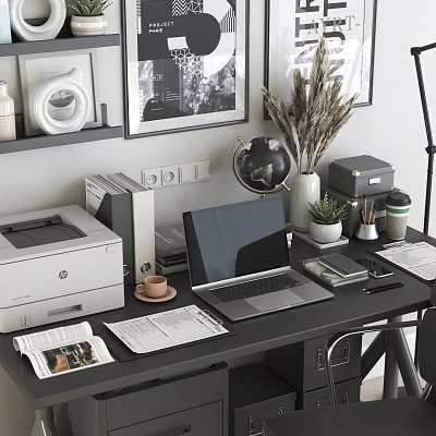 Modern Office Desk Setup With Laptop Printer Globe Potted Plant Coffee Cup And Newspaper 3d model