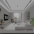 Modern Living and Dining Room With Beige Sofa White Coffee Table Green Plants TV Wall