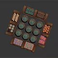 Wooden Display Storage Cabinet With Compartments Barrels Colorful Squares And Rolled Items
