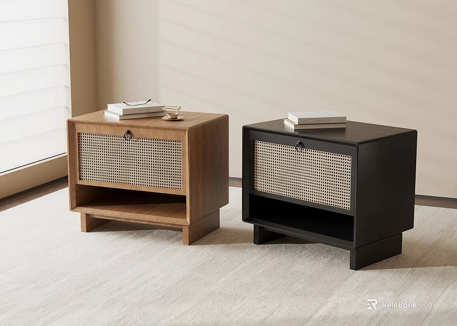Two Brown And Black Nightstands With Woven Panels And Books On Top 3d model 