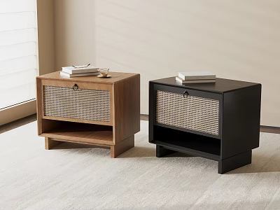 Two Brown And Black Nightstands With Woven Panels And Books On Top 3d model