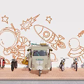 Vintage Motorcycles and Tricycle Display with Cartoon Astronaut Rocket Stars Wall