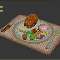 Chicken Leg on Plate with Mushrooms Green Fruits Sliced Vegetables Checkered Placemat Knife Fork