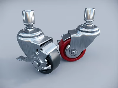 Two Swivel Casters Wheels with Black and Red Tires Silver Metal Brake Frame 3d model