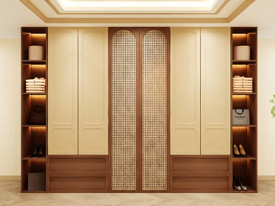 Modern Wardrobe Design With Beige Panels Rattan Doors Open Shelves And Warm Storage Lighting 3d model