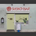 Cartoon Sushi Bar Scene With Red Sign White Building And Front Entrance Details