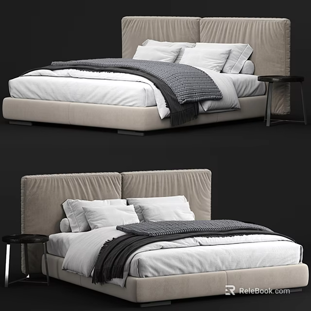 Modern Double Bed Design With Upholstered Headboard White Sheets Pillows Throw Blanket And Side Table 3d model