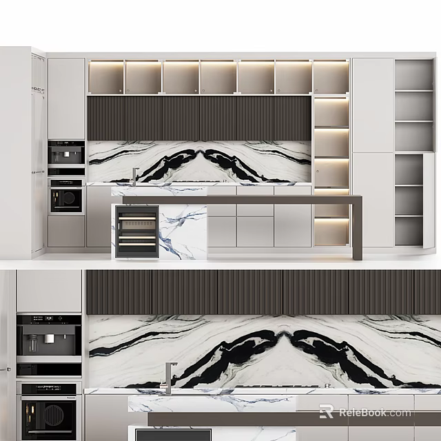 Modern Kitchen Interior Design With Marble Island Countertop Cabinets And Appliances 3d model 