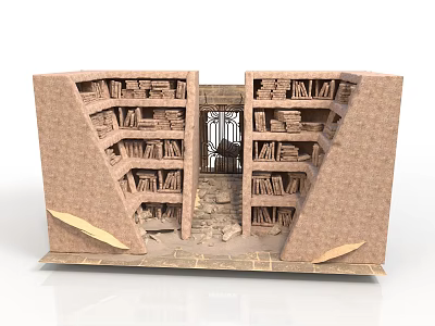 Modern Art Installation Featuring Brick Wall Structure Iron Gate And Layered Bookshelves Filled With Books 3d model
