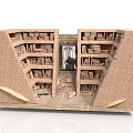 Modern Art Installation Featuring Brick Wall Structure Iron Gate And Layered Bookshelves Filled With Books