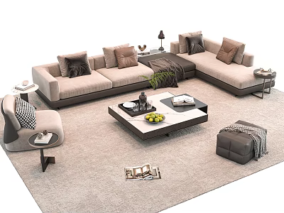 Elegant Sofa Coffee Table Combination With Light Beige Design Dark Accents Throw Pillows And Ottoman 3d model
