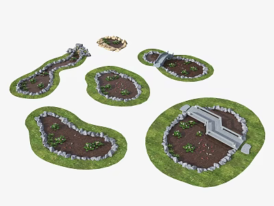Various Water Fountain Designs With Stone Edged Borders And Green Plant Landscaping 3d model