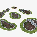 Various Water Fountain Designs With Stone Edged Borders And Green Plant Landscaping