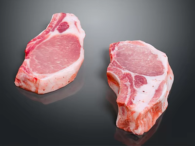 Fresh Raw Meat Cuts With Bone In Pink Color And Fat Marbling On Black Surface 3d model
