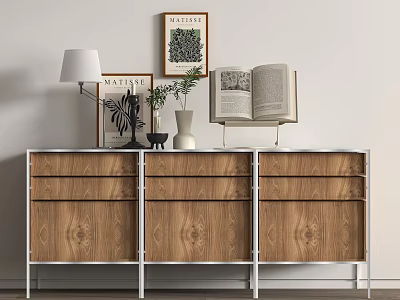 Modern Wooden Sideboard with Metal Frame Open Book Vase Framed Art and Table Lamp 3d model