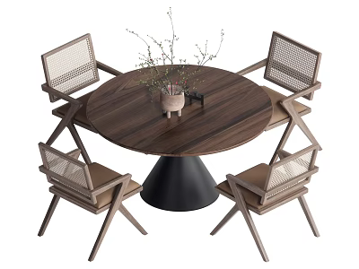Round Wooden Dining Table With Four Woven Chairs Black Cone Base and Decor Plant Centerpiece 3d model