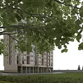 Modern Office Building With Glass Curtain Walls Green Lawn And Surrounding Trees