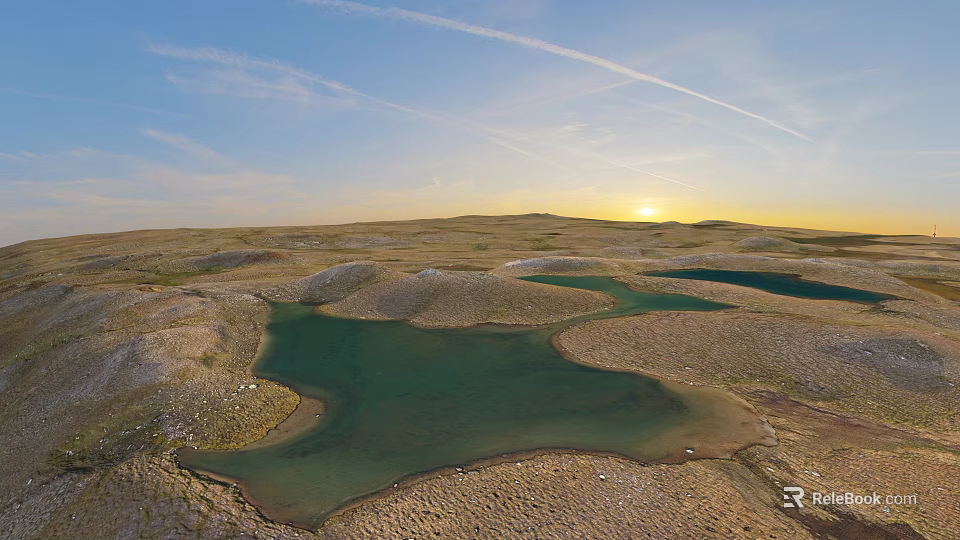 Scenic Bridge Over Green Water Pools At Sunset With Vast Open Land And Cloudy Sky 3d model 
