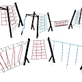 Outdoor Playground Climbing Equipment With Red Blue Black Metal Frames Rope Nets And Ladders