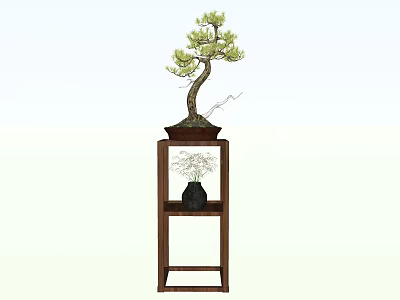 Pine Bonsai Tree Placed On Wooden Two Tiered Stand With Small Vase 3d model