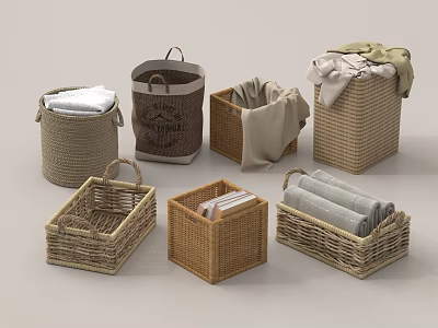 Various Woven Storage Baskets With Towels And Linen For Home Organization In Different Styles 3d model