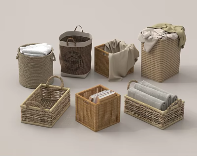 Various Woven Storage Baskets With Towels And Linen For Home Organization In Different Styles 3d model