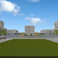 Modern School Buildings With Green Lawn Trees Blue Sky And White Clouds