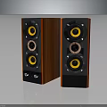 Modern Wooden Audio Speakers With Black Panel Yellow Drivers Home Entertainment