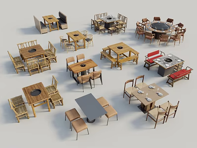 Various Wooden Dining Table Sets With Matching Chairs In Different Styles For Home 3d model