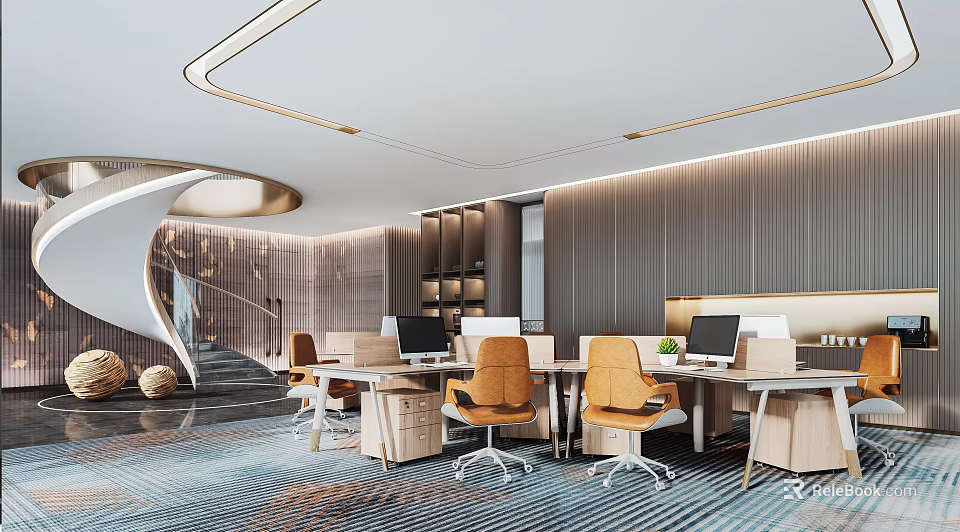 Modern Public Office Space With Workstations Ergonomic Chairs And Recessed Lighting 3d model
